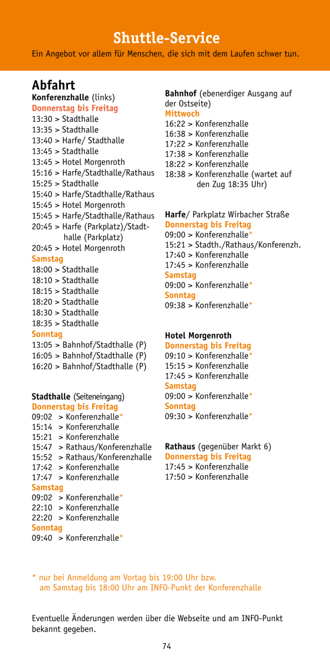 Eine Übersicht des Shuttle-Services mit Abfahrtszeiten und Haltestellen für Menschen, die Schwierigkeiten beim Laufen haben. Die Tabelle zeigt die Abfahrtszeiten von verschiedenen Orten, einschließlich Konferenzhallen und Bahnhöfen, für Donnerstag und Freitag.
