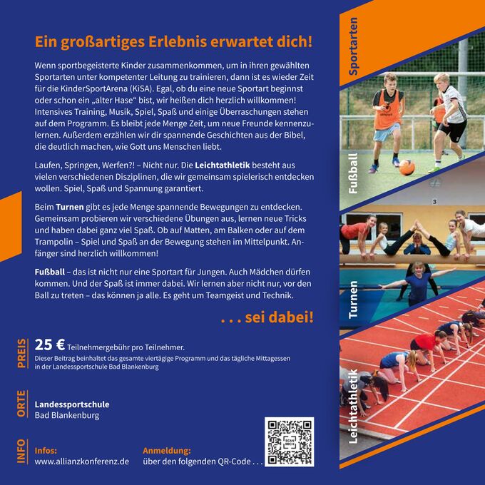 Ein Flyer für ein Sportprogramm für Kinder, der Informationen über verschiedene Sportarten wie Fußball, Turnen und Leichtathletik bietet. Er betont intensives Training, Spaß und die Möglichkeit, neue Freunde zu treffen. Es werden auch Geschichten und Erlebnisse geteilt, um das Interesse der Kinder zu wecken.