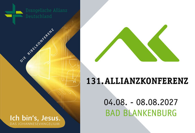 Logo der Evangelischen Allianz Deutschland, Informationen zur 131. Allianzkonferenz vom 4. bis 8. August 2027 in Bad Blankenburg. Der Text "Ich bin's, Jesus. Das Johannes-Evangelium" ist ebenfalls enthalten.
