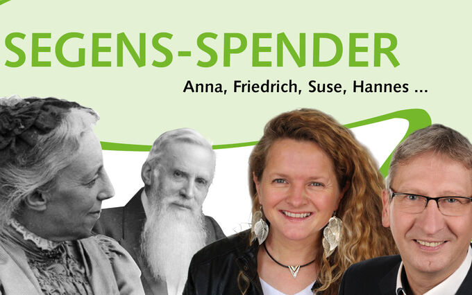 Das Bild zeigt eine grafische Darstellung mit dem Text "SEGENS-SPENDER" und den Namen Anna, Friedrich, Suse und Hannes. In der Mitte sind zwei Personen abgebildet, die lächeln, sowie Silhouetten von weiteren Personen. Im Hintergrund steht "ALLIANZKONFERENZ BAD BLANKENBURG".