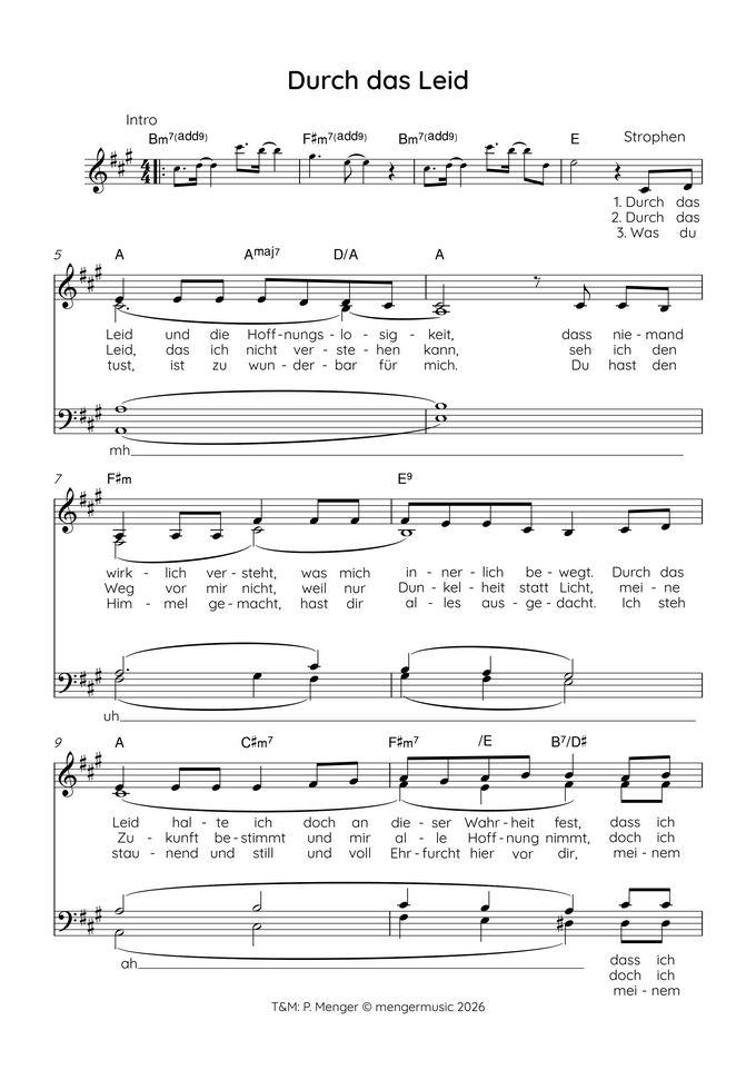 Notenblatt mit dem Titel "Durch das Leid". Es zeigt die Melodie und den Text des Liedes in mehreren Strophen, einschließlich musikalischer Notationen und Akkorden. Die Struktur umfasst Einleitungen und verschiedene Abschnitte des Liedes.