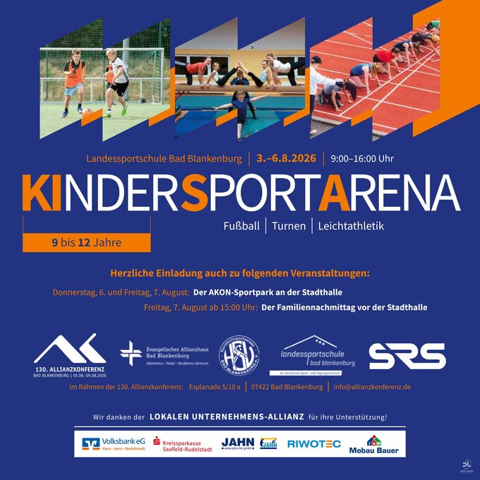 Plakat für die Kindersportarena in Bad Blankenburg, die vom 3. bis 6. August 2026 stattfindet. Es werden Fußball, Turnen und Leichtathletik für Kinder von 9 bis 12 Jahren angeboten. Informationen zu weiteren Veranstaltungen sind ebenfalls aufgeführt.