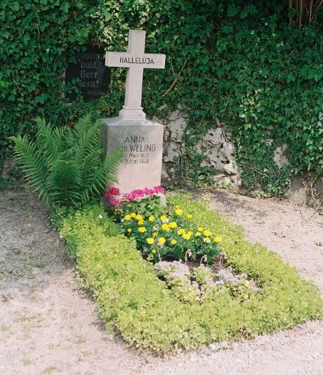 Ein Grabstein mit einem weißen Kreuz und der Inschrift "Halleluja". Darunter steht der Name "Anna Welling" und das Geburts- sowie Sterbedatum. Um den Grabstein herum sind bunte Blumen und grüne Pflanzen angeordnet, umgeben von einer dichten Hecke.